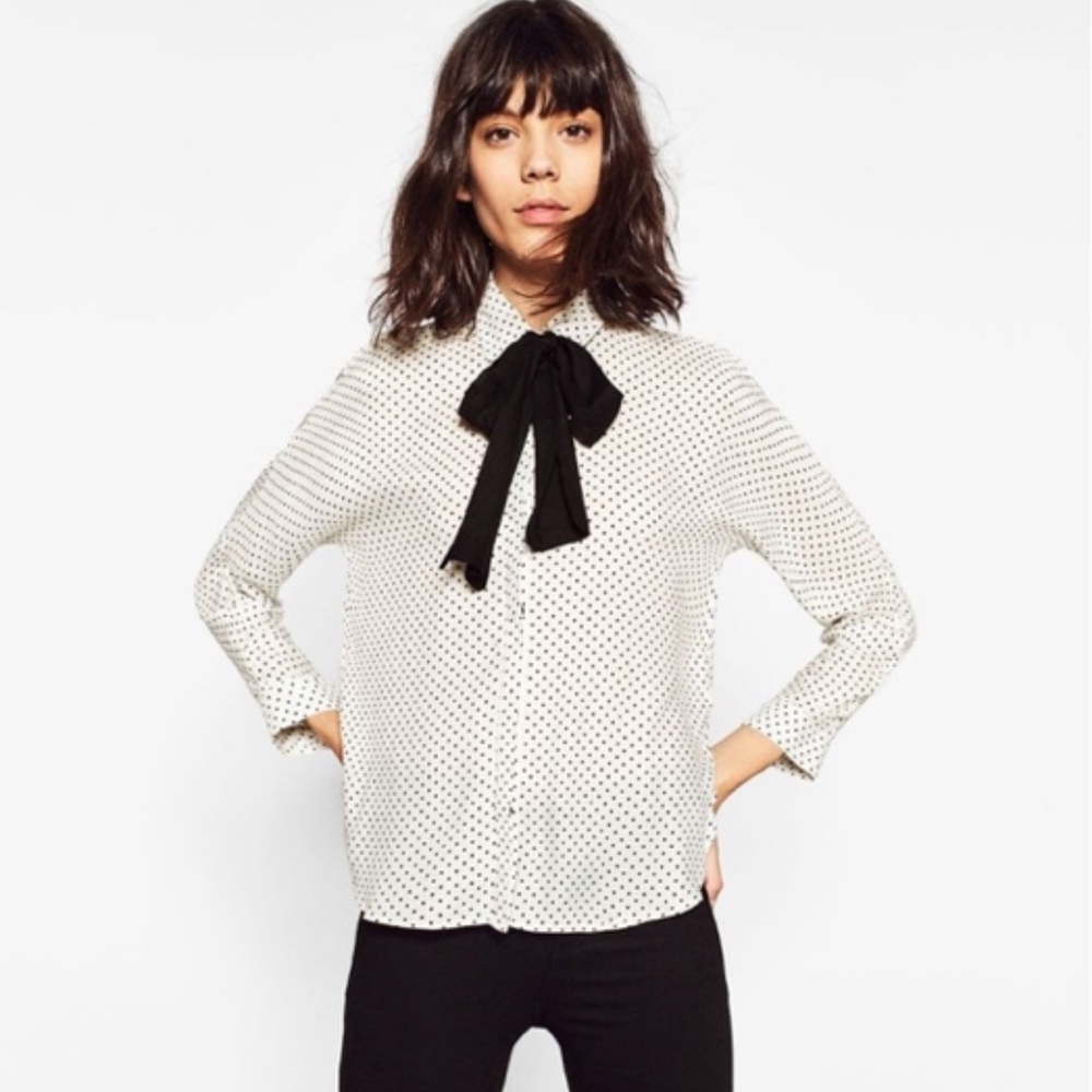 Zara White black polka dot blouse with bow tie XS
